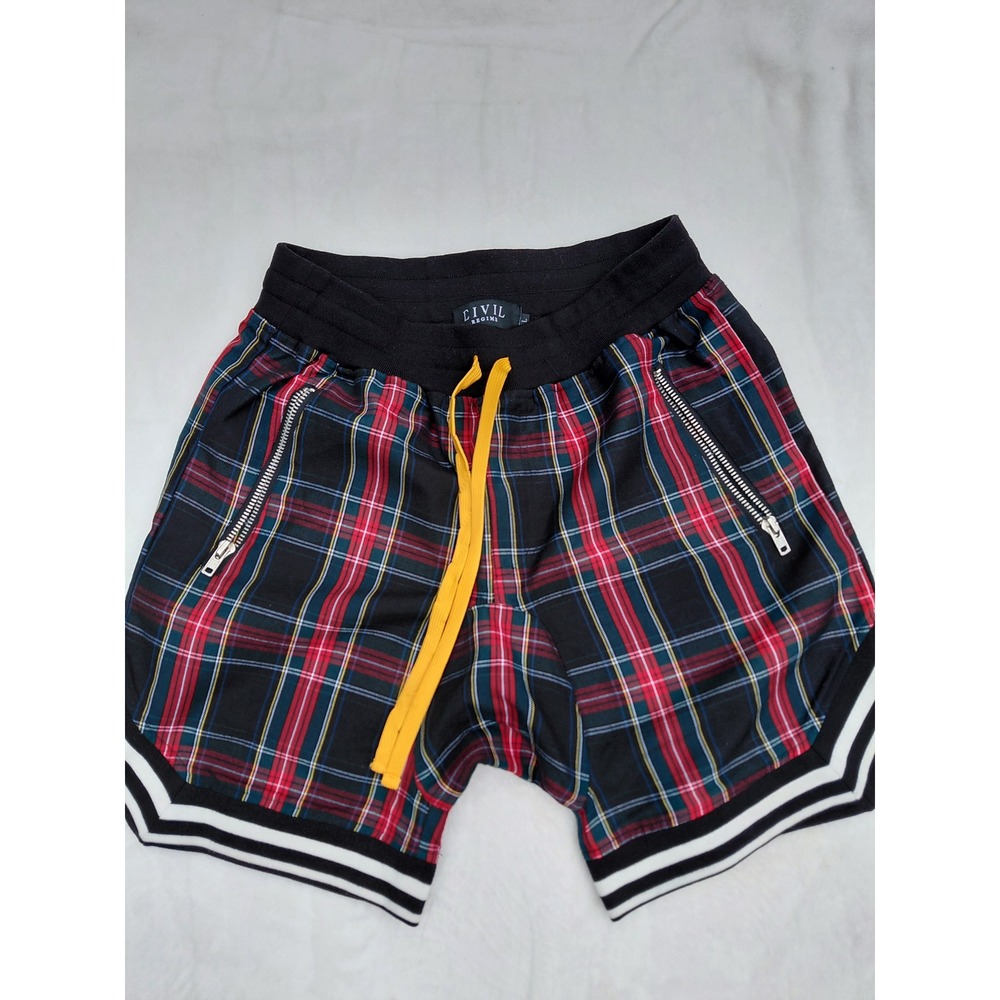 Civil Regime Plaid Streetwear Shorts Red Black Yellow Drawstring Mens Large